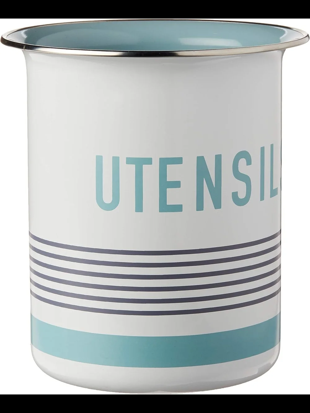 Metal Utensil Crock in White with Aqua Accents
